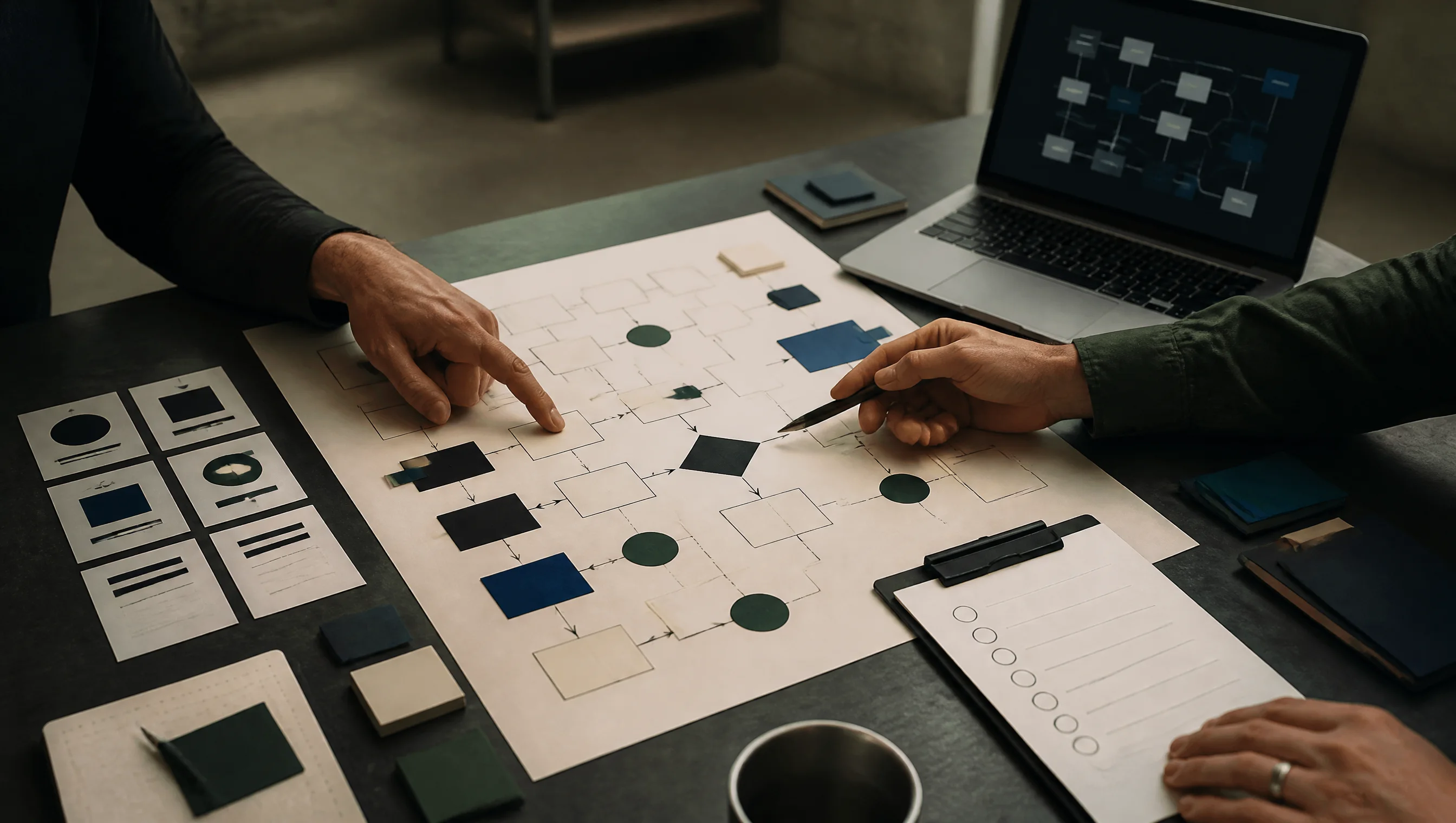 Two collaborators reviewing a workflow map, source cards, and an approval checklist on a dark workbench.